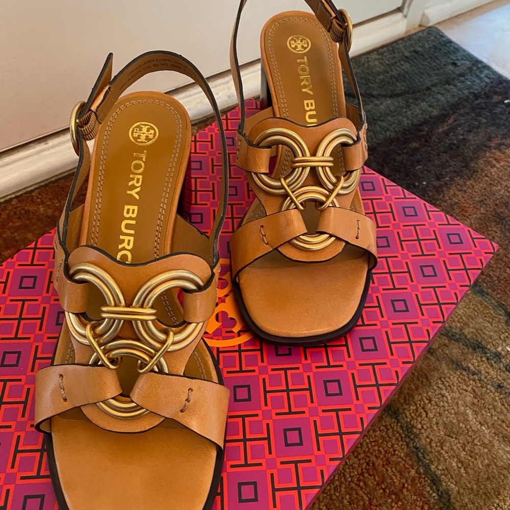 2” Tory Burch leather sandals with block heels.